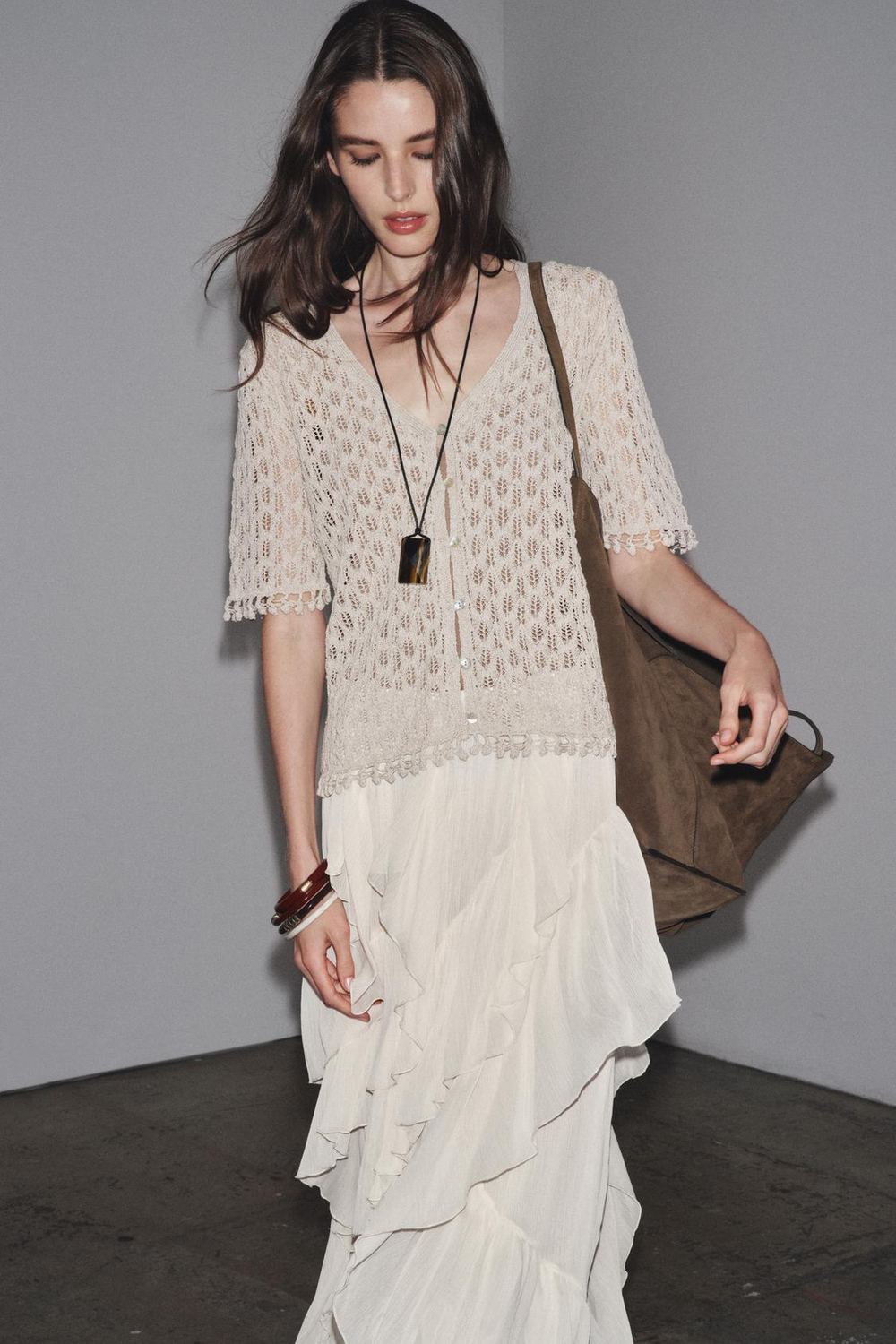 ZARA АЖУРНЫЙ ТРИКОТАЖНЫЙ КАРДИГАН, ЖЕМЧУЖНО-СЕРЫЙ