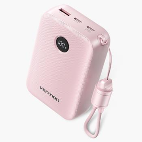 20000mAh Power Bank (USB-C + USB-C/USB-C/USB-A) with Built-in USB-C to USB-C Cable 22.5W Pink LED Display Type
