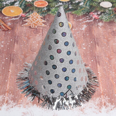 Колпак праздничный «Блеск» 20см с мишурой, цвет серебро