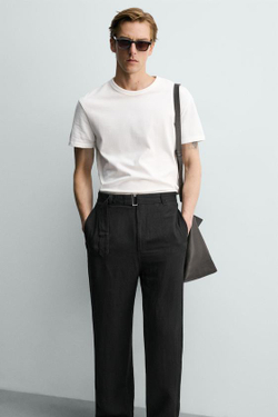 ZARA БРЮКИ RELAXED FIT ИЗ ВИСКОЗЫ И ЛЬНА С РЕМНЕМ, ЧЕРНЫЙ
