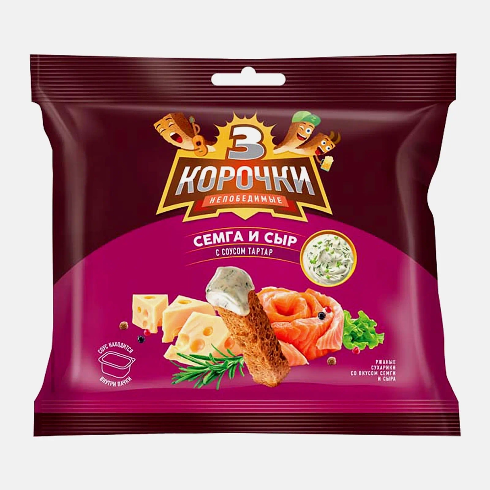 Сухарики Три корочки Семга и сыр 60г с соусом тартар 25мл