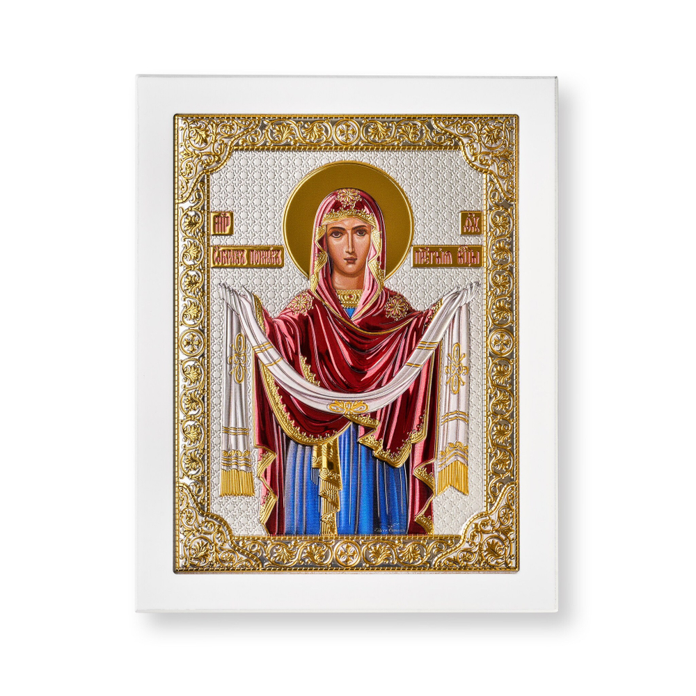 Покрова, икона прямоугольная с рамкой, белое дерево, эмаль 210х260
