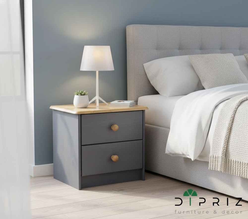 Тумба прикроватная, 43х34х53, Хаба, напольная, для одежды, с 2 ящиками, из массива дерева, серый, Dipriz