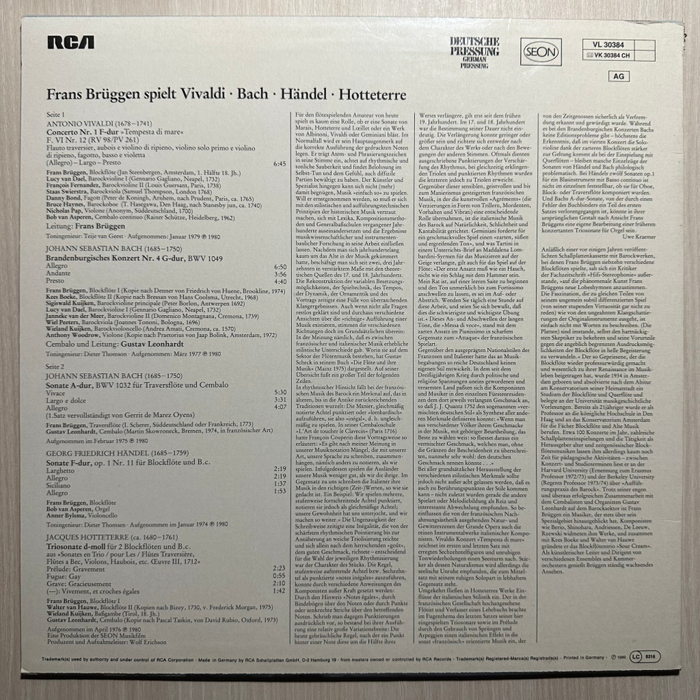 Франс Брюгген - Вивальди, Бах, Гендель, Оттетер (Германия 1980г.)