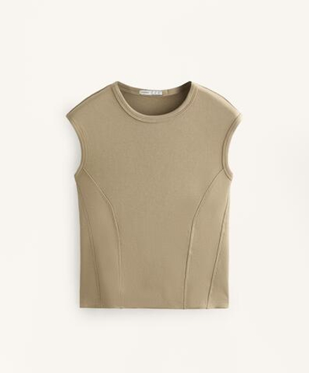 Oysho Футболка с короткими рукавами в рубчик из хлопка и модала, бежево-зеленый