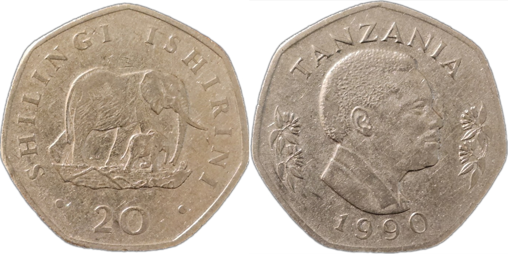 Танзания 20 шиллингов, 1990 - 1991 Слон VF