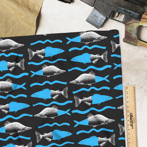 Ткань барби половинчатые рыбы на чёрном фоне