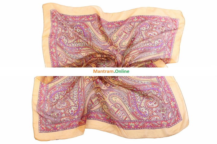 Платок материал Шелк 100% Плотный узор цвет фиолетовый зеленый красный на золотом с золотой каймой 100x100см.