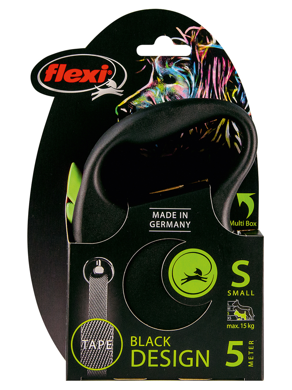 Поводок-рулетка Flexi Black Design S. Лента 5 м. для собак до 15 кг. Зеленый