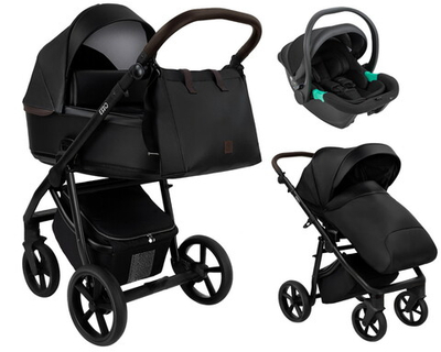 Детская коляска Roan Esso Кожа 3 в 1 с автокреслом Pituso Santiso Pro ESSK/210/1 Black /Black/руч.Тем.коричневый