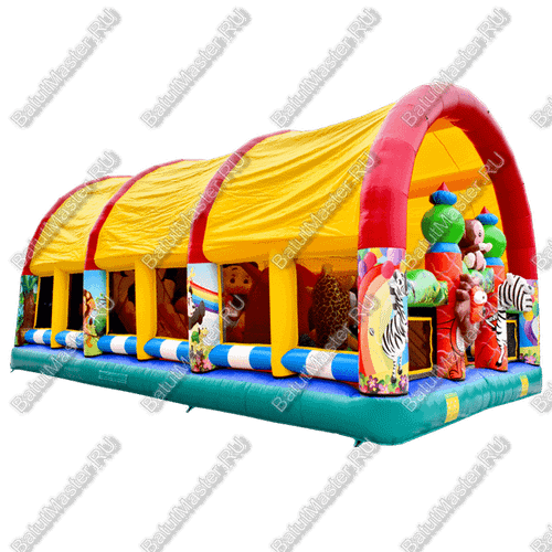 Надувной батут "Зверята с крышей 3" со скалодромом, 14*7*6 м