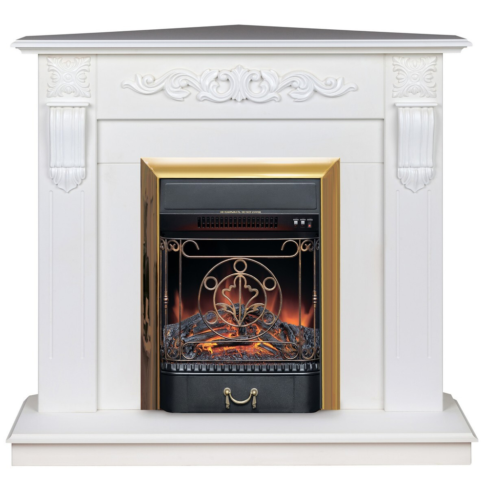 Электрокамин RealFlame Dominica Corner DN белый матовый с очагом Majestic Lux Brass