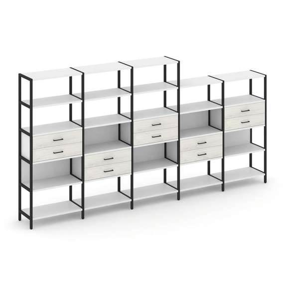 Shelf System Пятисекционный стеллаж пятиярусный с ящиками SN.STM-551 Белый/Дуб Наварра/Металл Черный