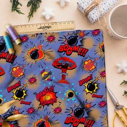 Ткань атлас звуки взрывов из комиксов на синем фоне