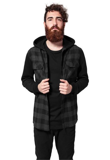 Рубашка URBAN CLASSICS Hooded Checked Flanell Sweat Sleeve Shirt (Black/Charcoal/Black)