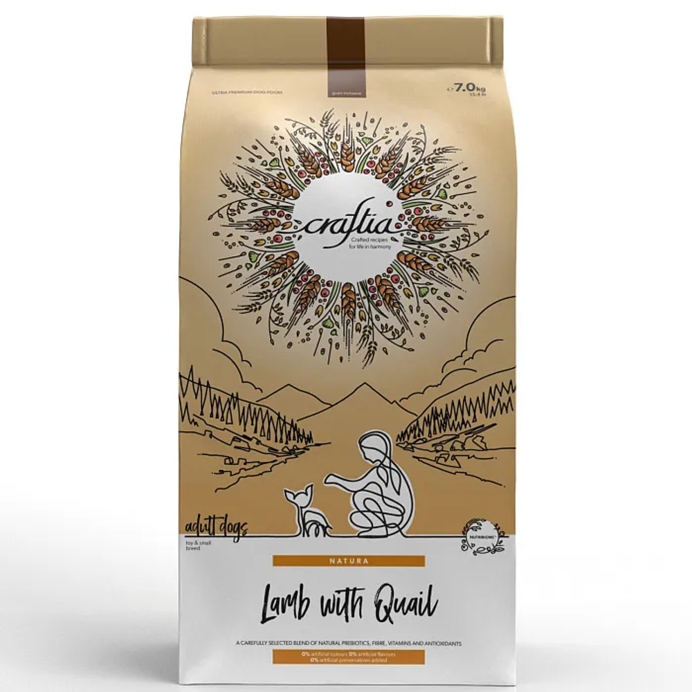 Сухой корм CRAFTIA NATURA для взрослых собак миниатюрных и мелких пород из ягненка с перепелкой 7 кг