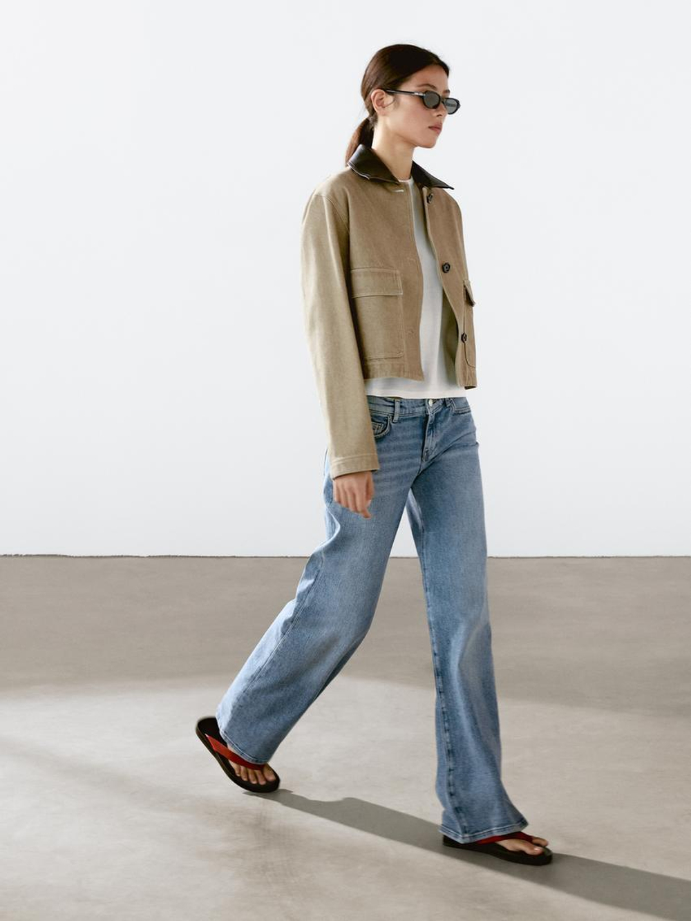 Massimo Dutti Куртка со съемным кожаным воротником, песочный