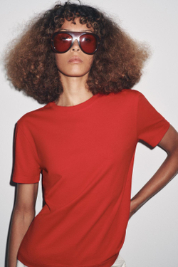 ZARA БАЗОВАЯ ФУТБОЛКА ИЗ ХЛОПКА, КРАСНЫЙ