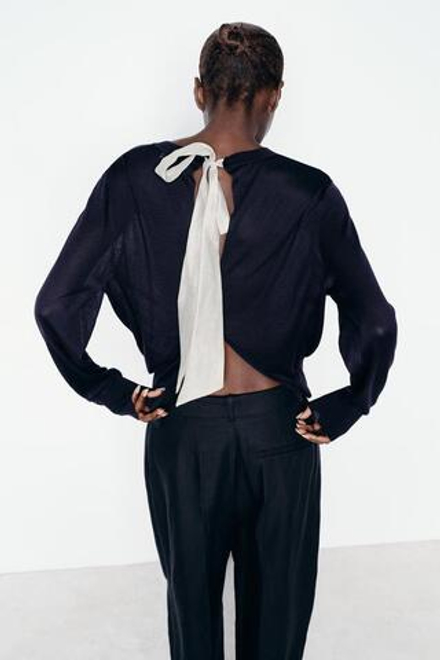 ZARA СВИТЕР ИЗ ТОНКОГО ТРИКОТАЖА С КОНТРАСТНЫМ БАНТОМ, МОРСКОЙ СИНИЙ