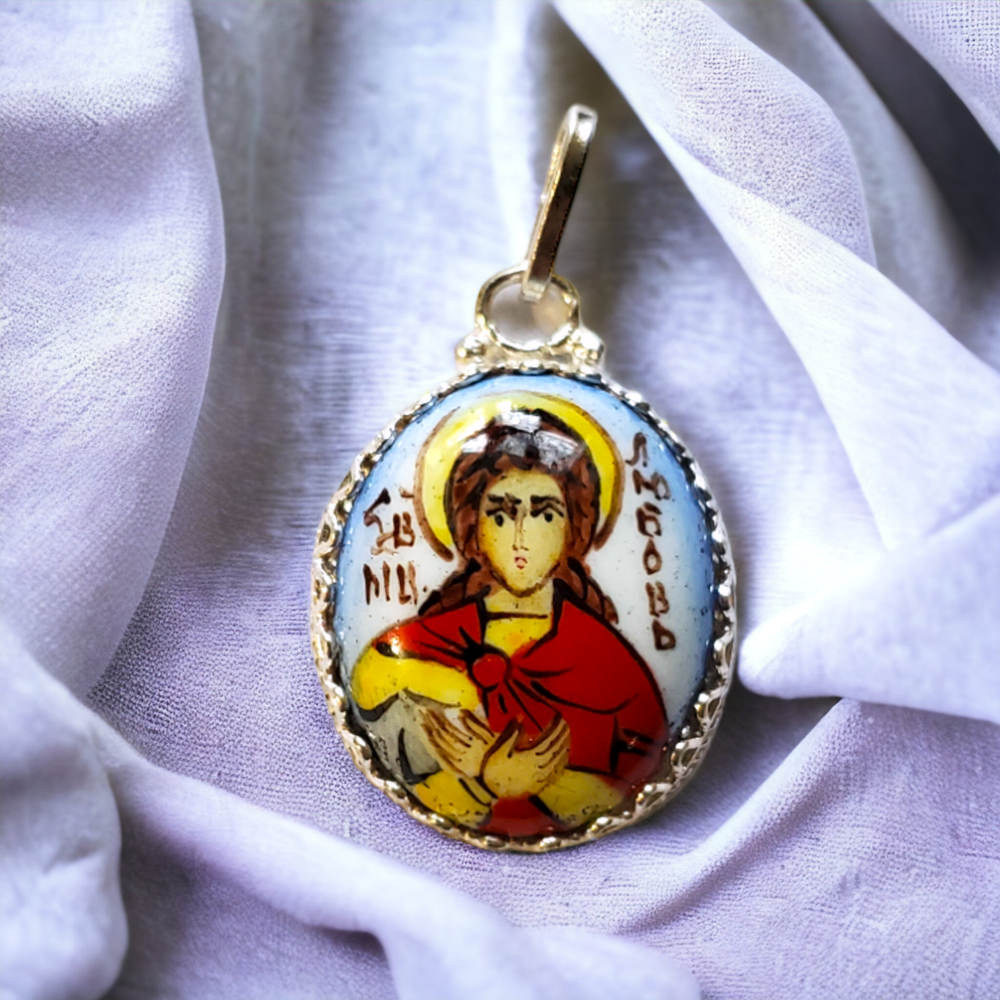 Икона с финифтью святая Любовь кулон ручная роспись