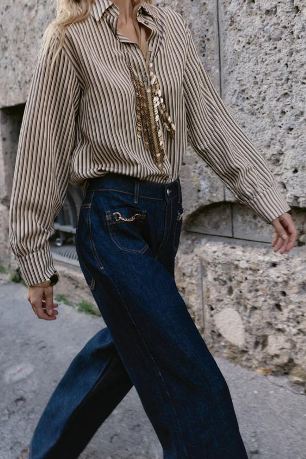 ZARA ДЖИНСЫ Z1975 WIDE-LEG СРЕДНЕЙ ПОСАДКИ С ЦЕПОЧКАМИ, СИНИЙ