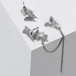 Набор серьги и каффа полёт бабочек, цвет белый в серебре