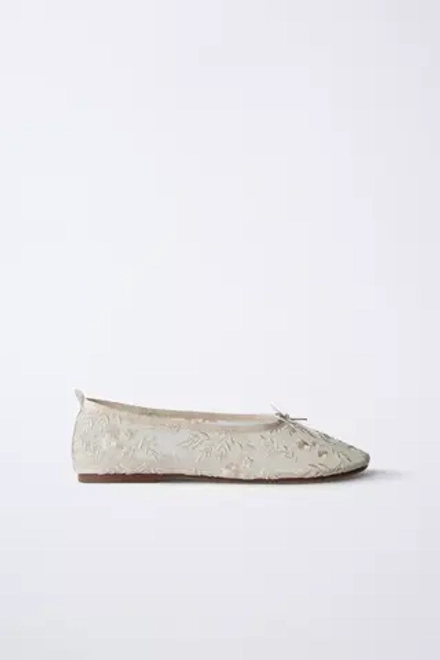 ZARA БАЛЕТКИ С ВЫШИВКОЙ, ЭКРЮ