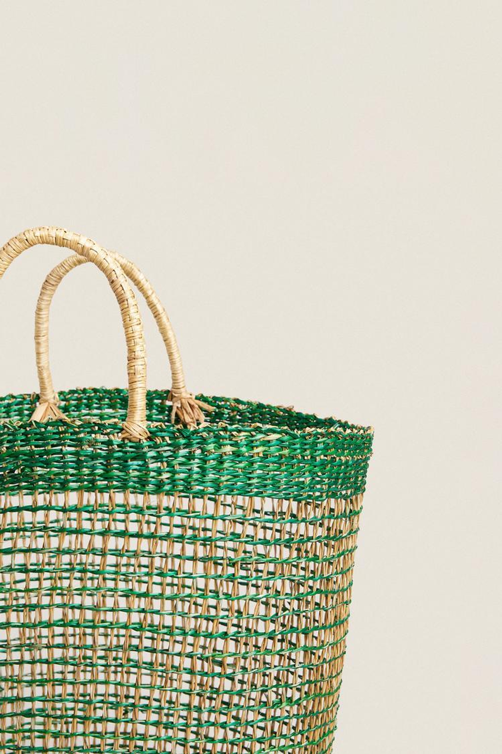 ZARA HOME БОЛЬШАЯ ПЛЯЖНАЯ СУМКА-КОРЗИНА, ЗЕЛЕНЫЙ