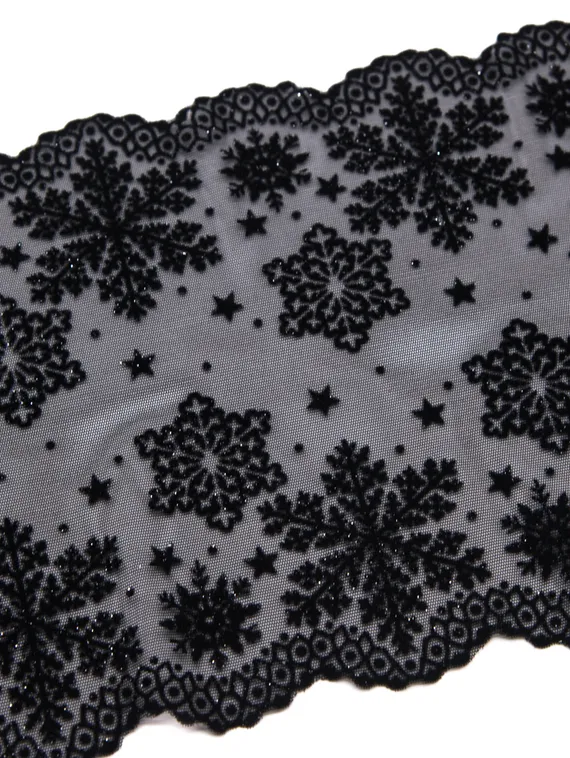 0142 ОПТ Кружево эластичное 19 см, Италия, флок, снежинки, черный