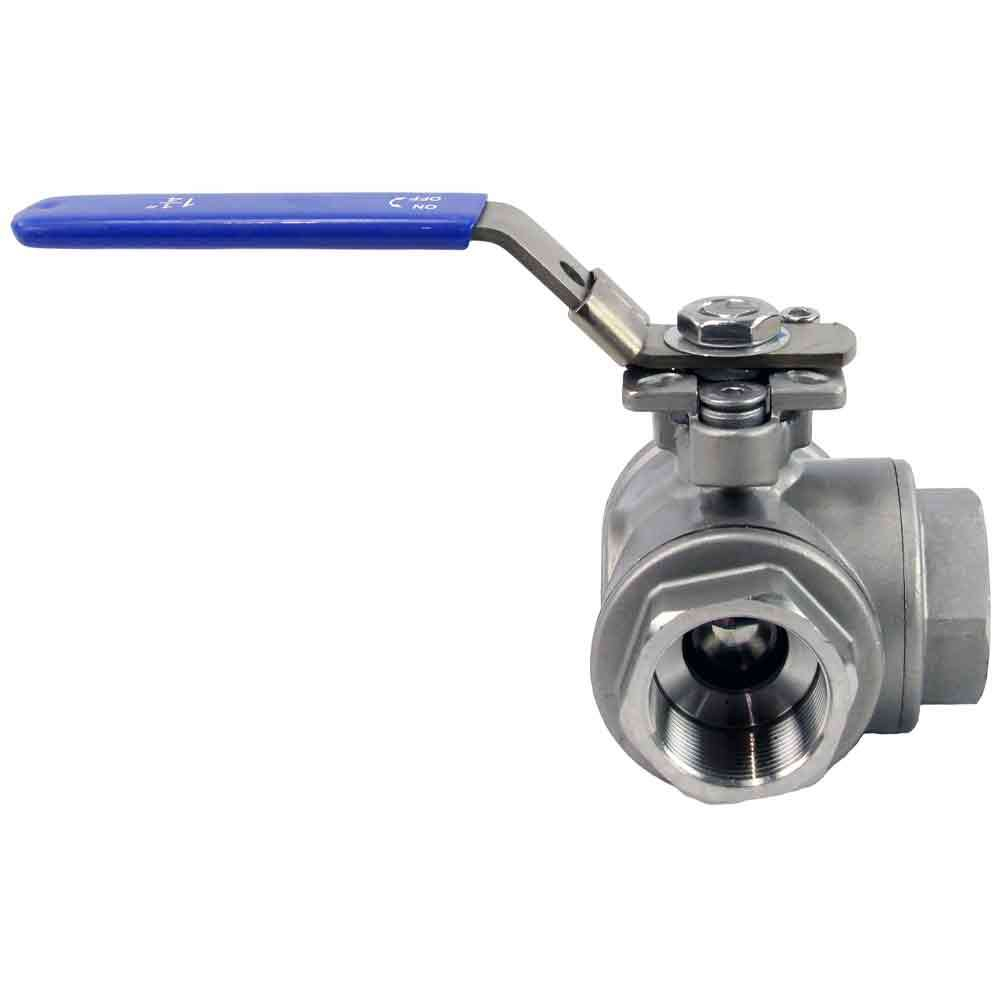 Stainless steel ball 3-way valve Threaded NPT/BSP T-type standard port Elephant RP.SS316.200.MM 986 psi with ISO 5211 mounting pad and handle