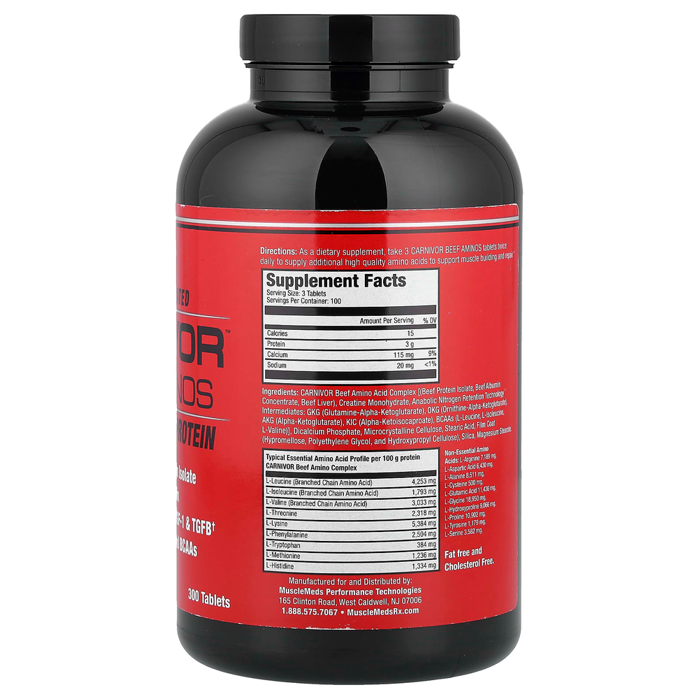 MuscleMeds, Carnivor Beef Aminos, 100% чистый говяжий протеин, 300 таблеток