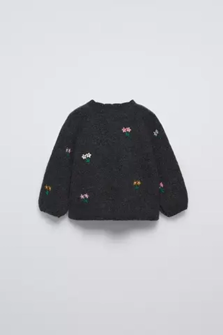 ZARA КАРДИГАН С ВЫШИТЫМИ ЦВЕТАМИ, ТЕМНО-СЕРЫЙ