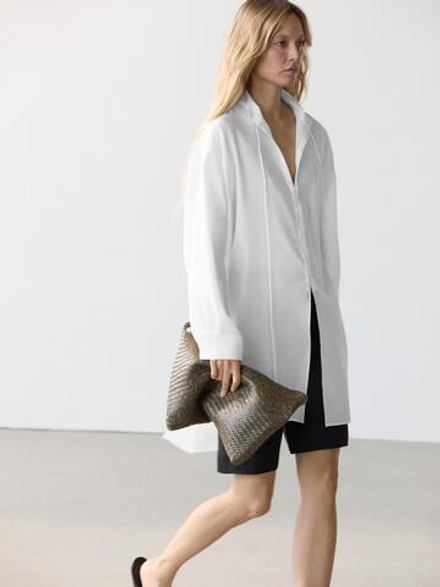 Massimo Dutti Льняная рубашка свободного кроя с воротником-стойкой, белый