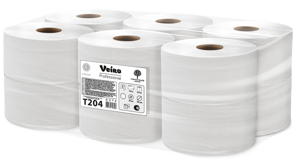 Туалетная бумага Veiro Professional Comfort T204, 2-слойная, белая, 170 метров, 12 рулонов в упаковке