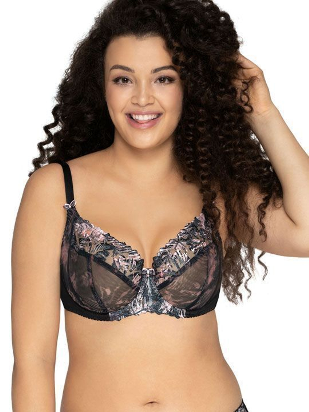 Бюстгальтер на косточках с трехцветной вышивкой на plus size чашках (Размер: 100E) (Цвет: черный)