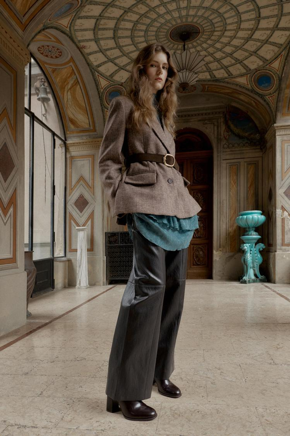 ZARA БЛЕЙЗЕР В ЕЛОЧКУ С ПОЯСОМ, РЫЖЕВАТО-КОРИЧНЕВЫЙ