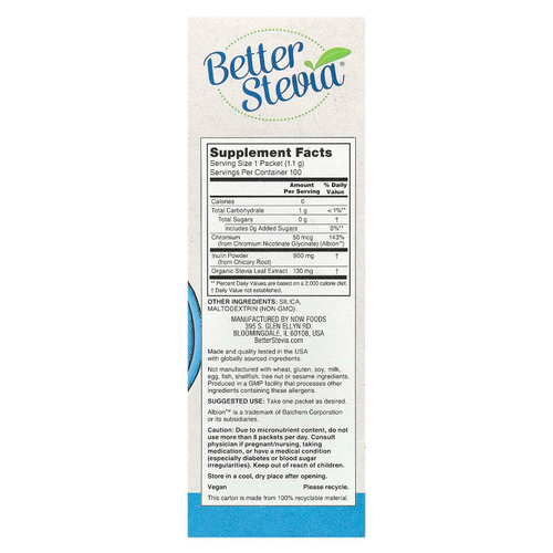 NOW Foods, Better Stevia®, Balance™, с хромом и инулином, 100 пакетиков по 1,1 г (0,039 унции)