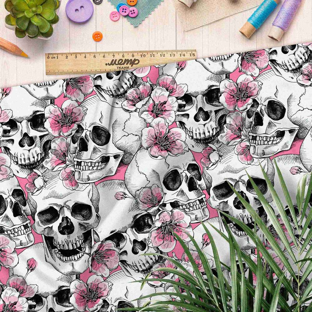 Ткань оксфорд 210 розовые черепа