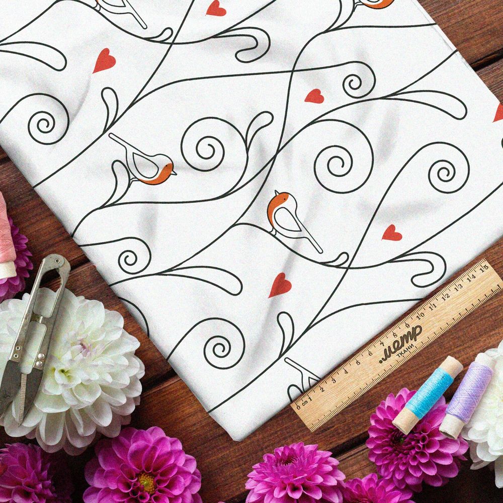 Ткань габардин снегири и завитки на белом фоне