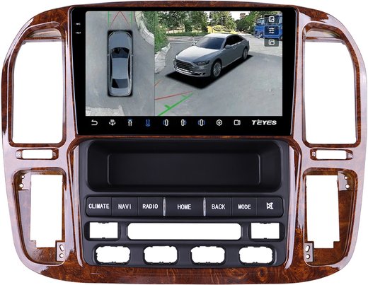 Магнитола для Toyota Land Cruiser 100, Lexus LX470 1998-2002 (климат на ШГУ, рамка дерево) - Teyes CC3-2K-360 монитор 9.5" 2K QLED на Android 10, 6+128Гб, CarPlay, 4G SIM-слот, 4 камеры в комплекте