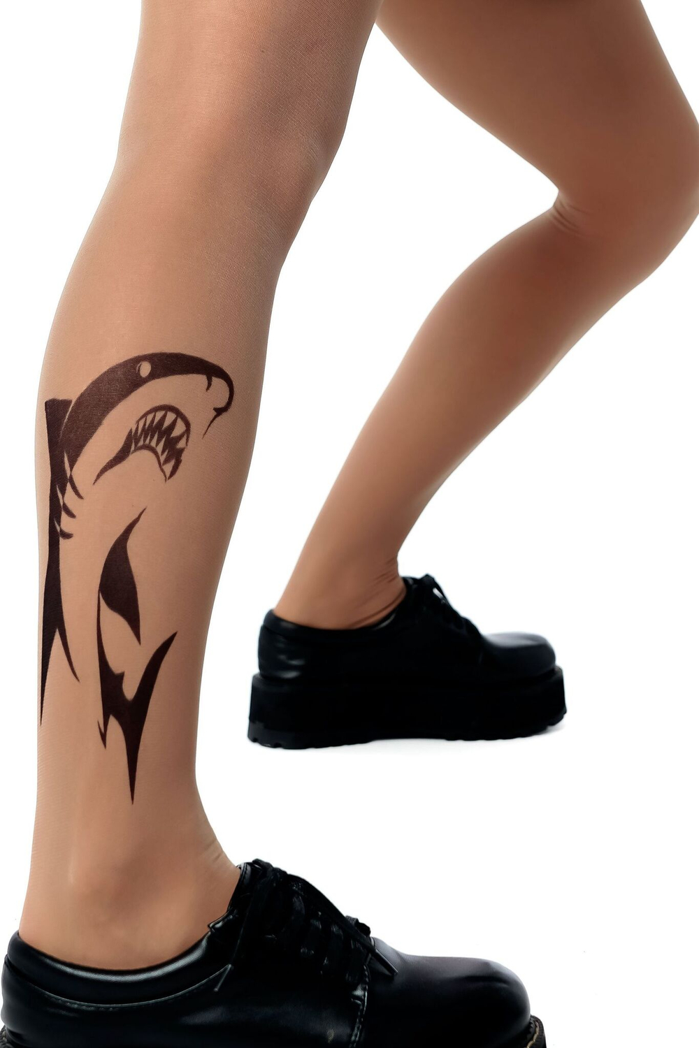 Колготки с принтом в виде акулы на правой ножке (Размер: S-M-L) (Цвет: бежевый)