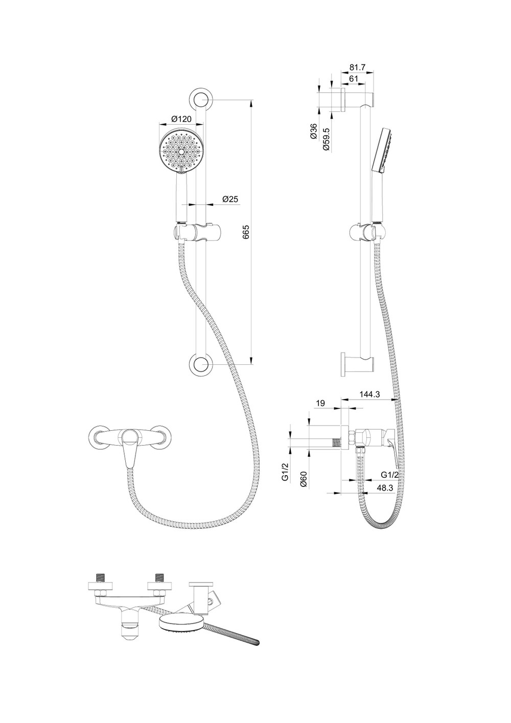 Смеситель для душа с гарнитуром WONZON & WOGHAND, Черный матовый (WW-AE3103-MB)