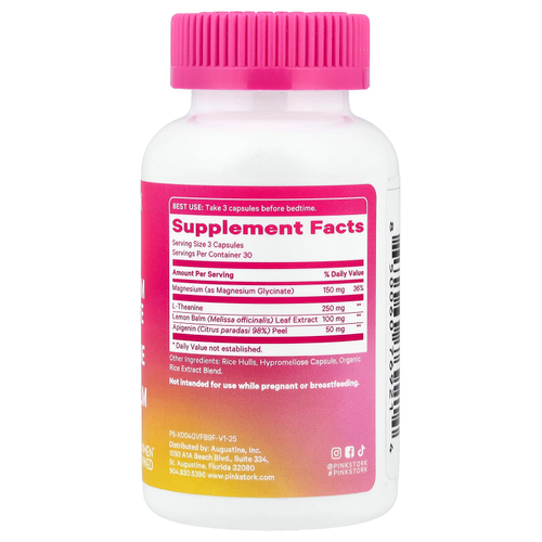 Pink Stork, глицинат магния, L-теанин, мелисса, 90 капсул