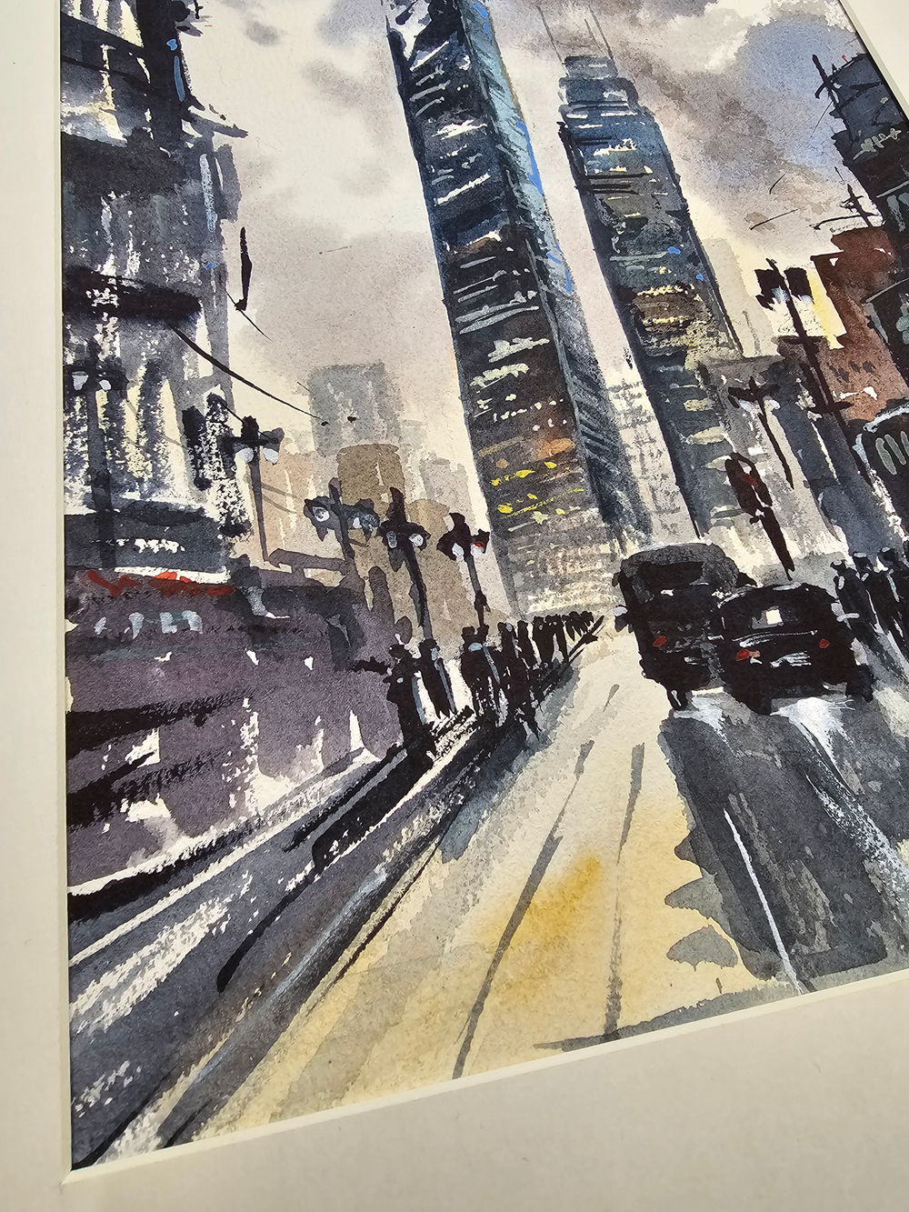 Картина авторская акварельная в паспарту 30х40 см на стену для интерьера "Урбанистический пейзаж"