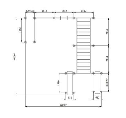 Спортивный комплекс №107, брусья, турник, кольца, шведская стенка, рукоход, скамья, 6100*6000*2700 мм., D=89 мм.