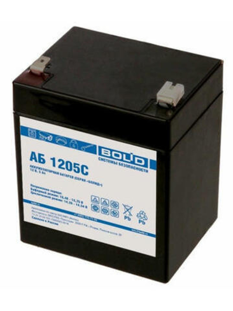 АБ 1205С Напряжение 12В. емкость 5 Ач. Срок службы 12 лет  Тип с . габариты 90х70х106 мм. вес - 1.5