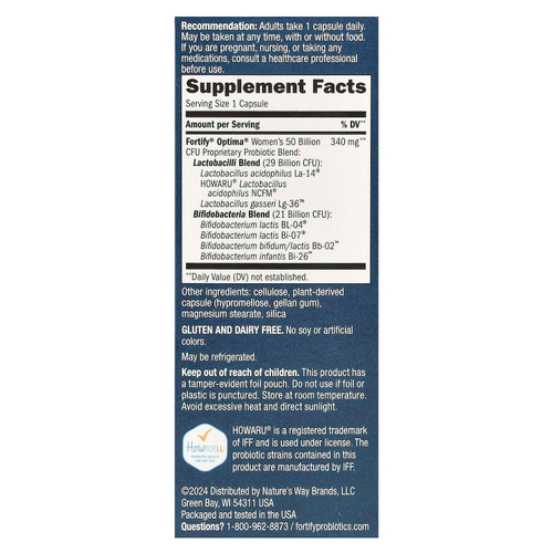 Nature's Way, Optima® Probiotic, Fortify®, пробиотик для женщин, 50 млрд, 30 капсул с отсроченным высвобождением
