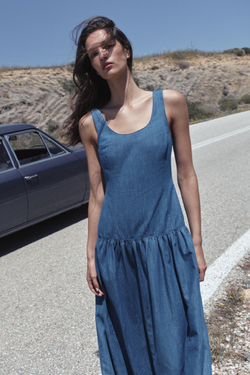 ZARA ПЛАТЬЕ МИДИ С ЮБКОЙ-КЛЁШ, СИНИЙ