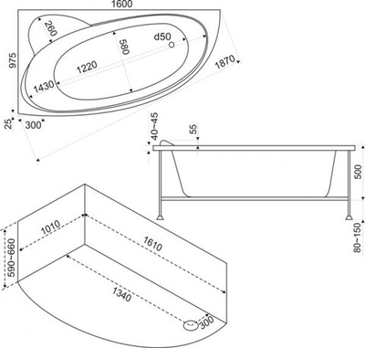 Ванна акриловая BAS Сагра левая 1600х1000 с гидромассажем и каркасом