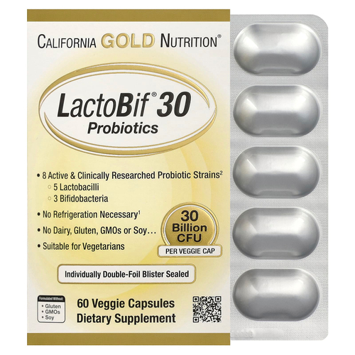 California Gold Nutrition, LactoBif® 30, пробиотики, 30 млрд КОЕ, 60 растительных капсул